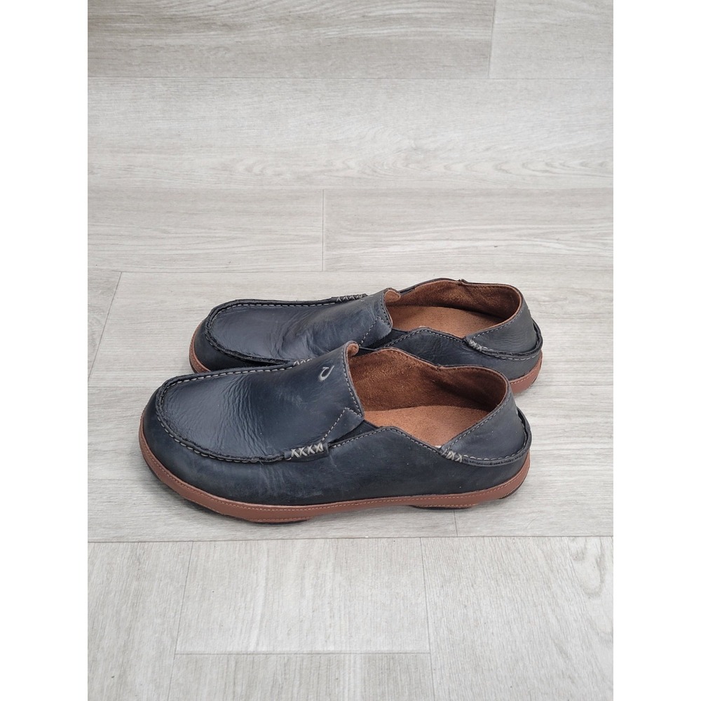 OluKai Moloa Men's 10 Black Leather Slip On Moc Toe Casual Comfort Loafers